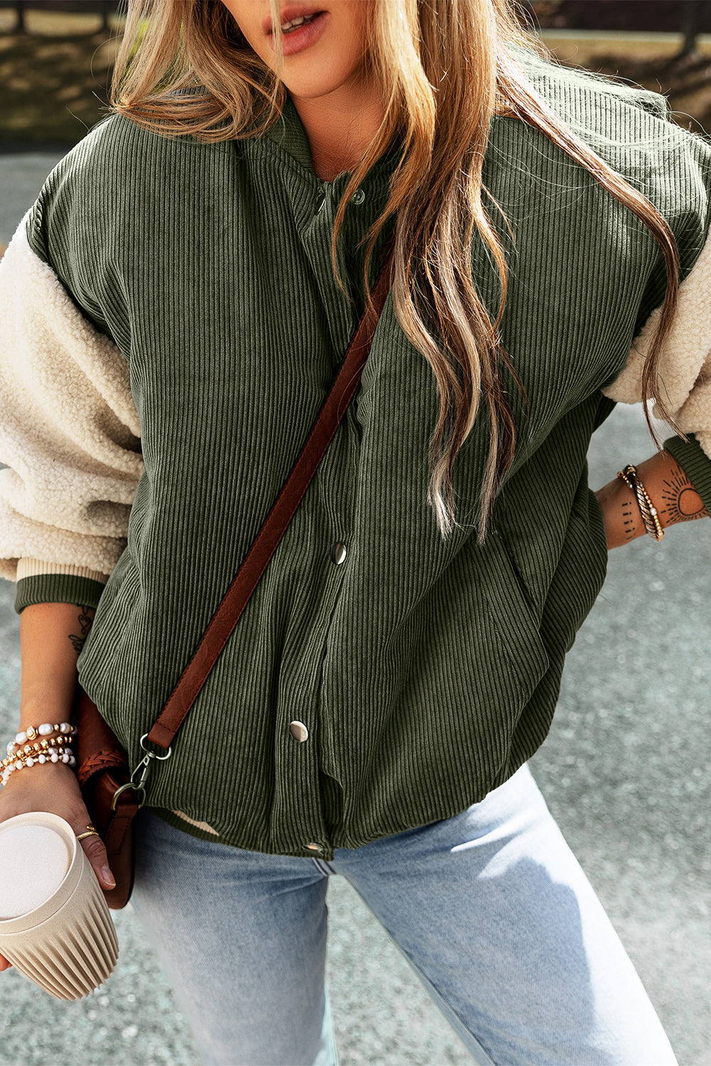 Olive Green & Cream Corduroy Fleece Button Up Varsity Jacket