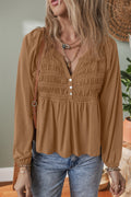Dark Beige Smocked Split Buttoned V-Neck Babydoll Blouse