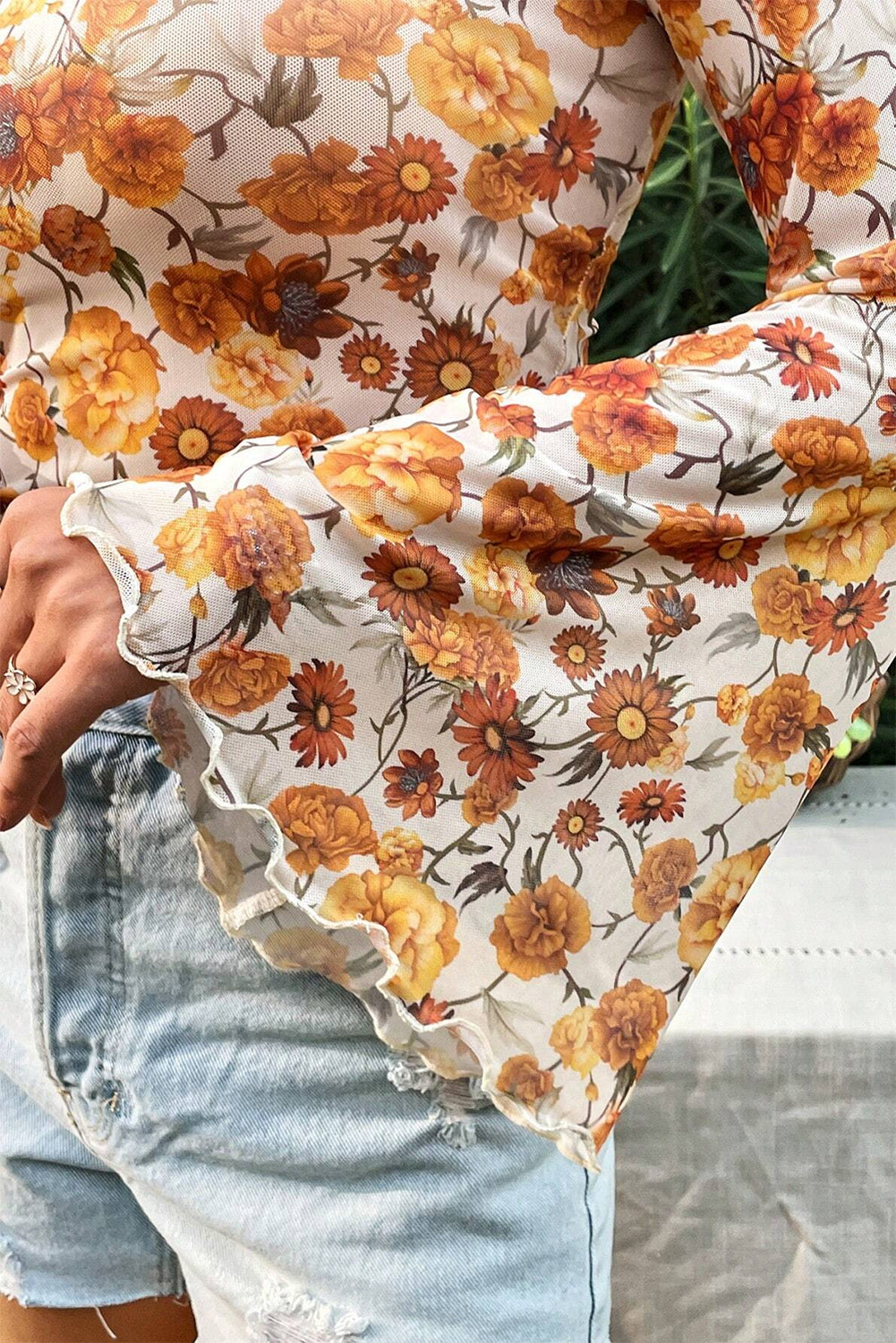 Orange Retro Floral Bell Sleeve Mock Neck Blouse