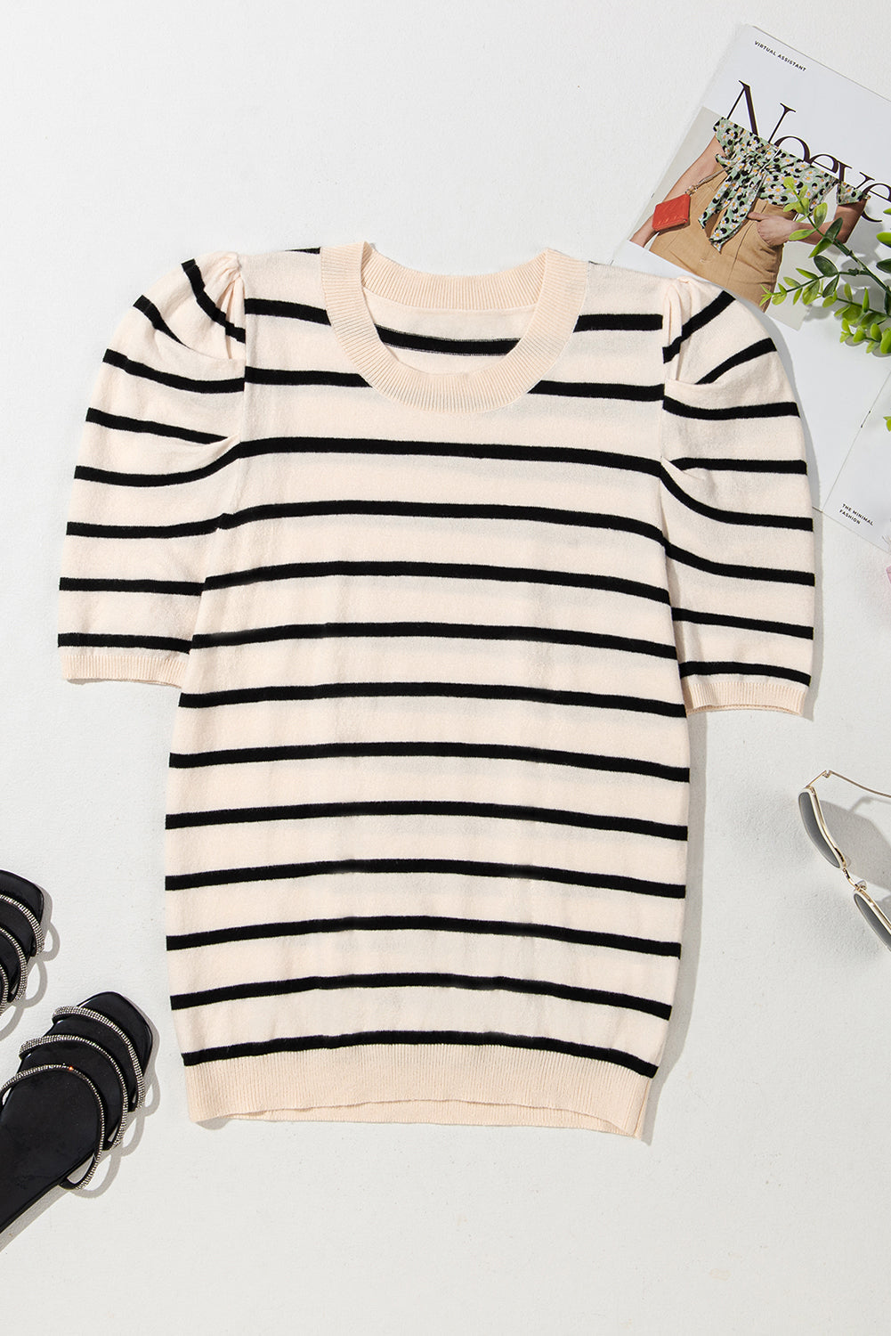 Striped Crew Neck Bubble Short Sleeve Lightweight Sweater