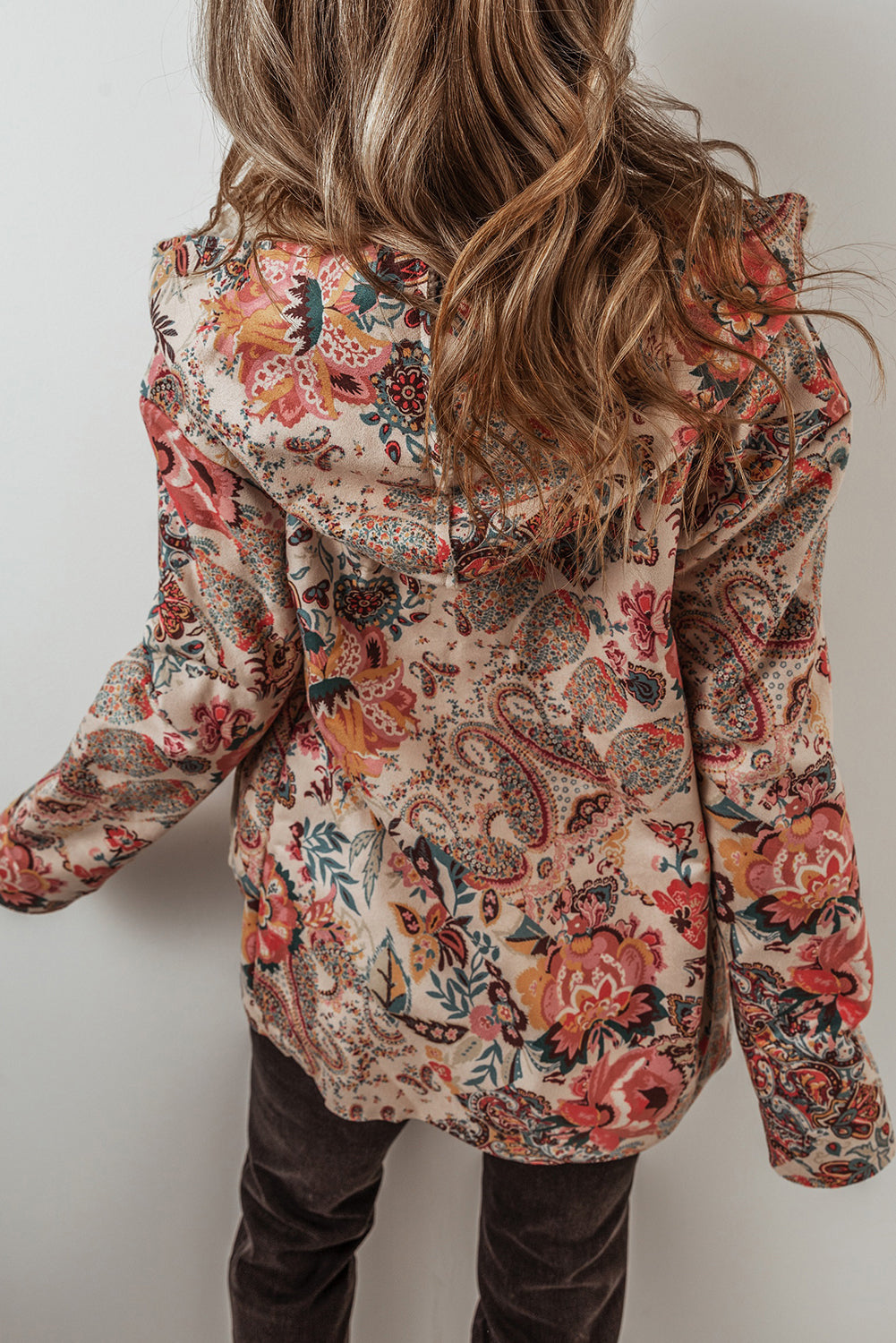 Vintage Floral Open Front Sherpa Lined Hooded Jacket