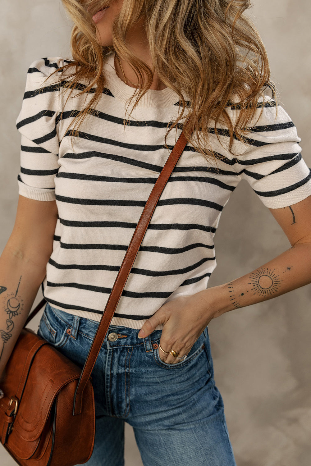 Striped Crew Neck Bubble Short Sleeve Lightweight Sweater