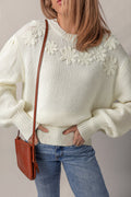 White Flower Embossed Neckline Puff Sleeve Sweater