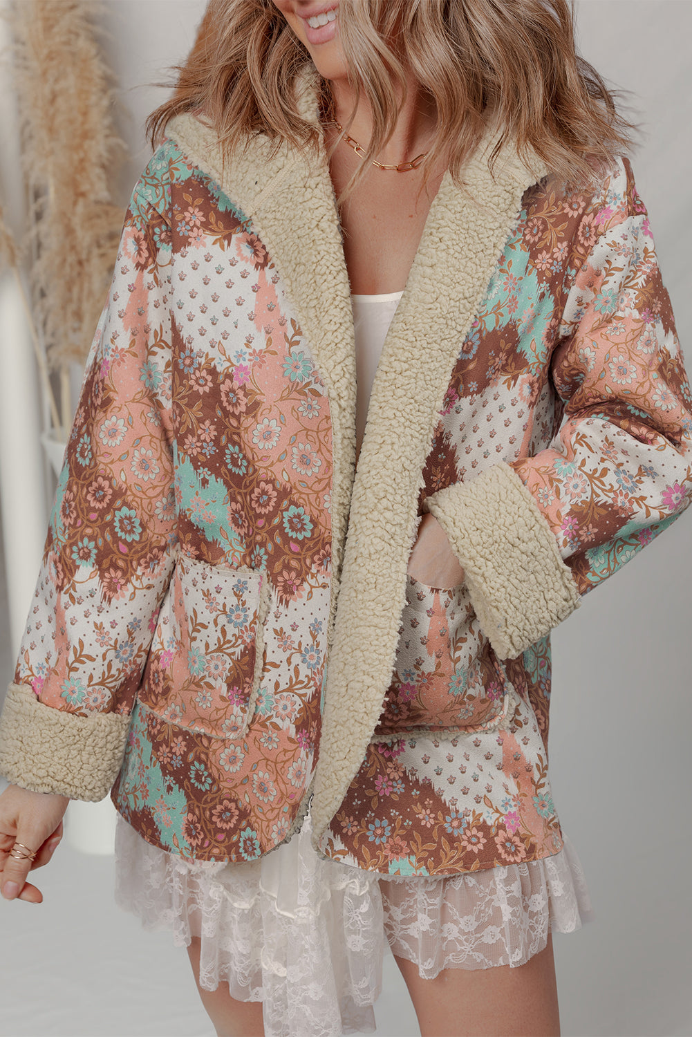 Vintage Floral Open Front Sherpa Lined Hooded Jacket