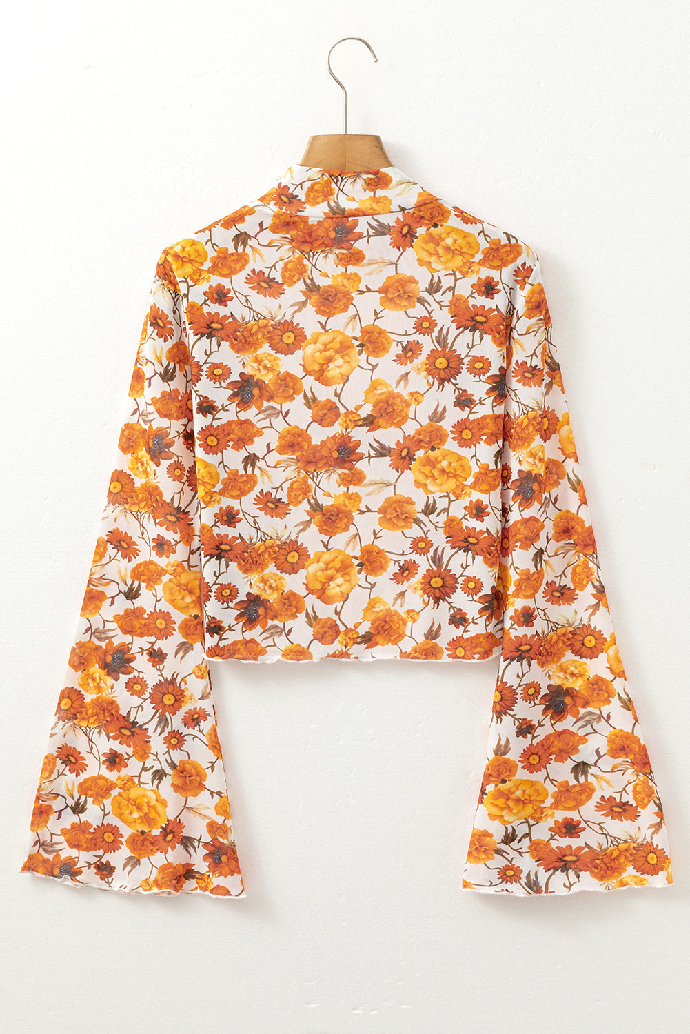 Orange Retro Floral Bell Sleeve Mock Neck Blouse