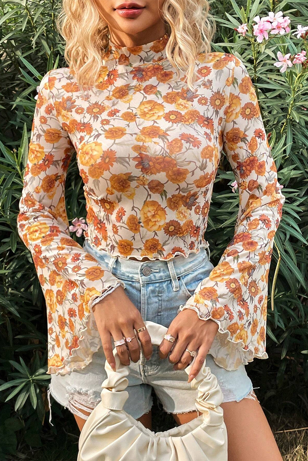 Orange Retro Floral Bell Sleeve Mock Neck Blouse