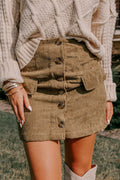 Tan Corduroy Buttoned Front Faux Pockets Mini Skirt