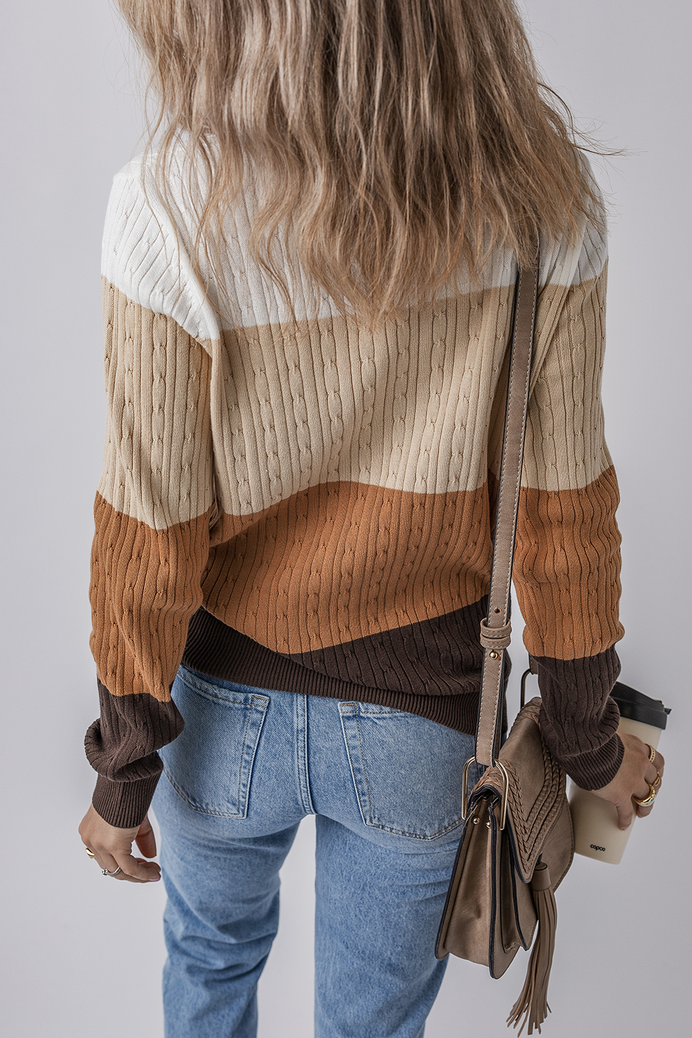 Khaki and Brown Colorblock Cable Knit Cotton Crew Neck Sweater