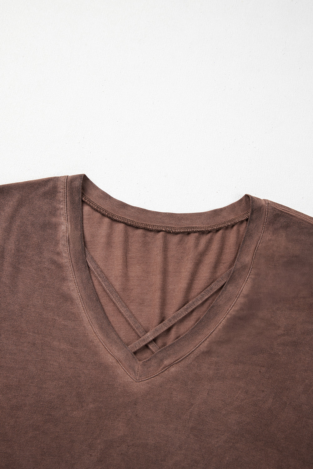 Chestnut Brown Mineral Wash Criss Cross V-Neck Casual Tee