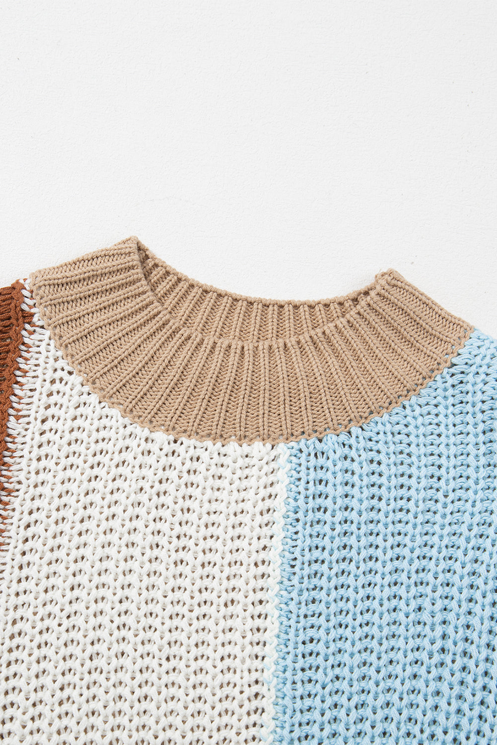 Brown Khaki Light Blue Color-block Loose Cable Knit Sweater