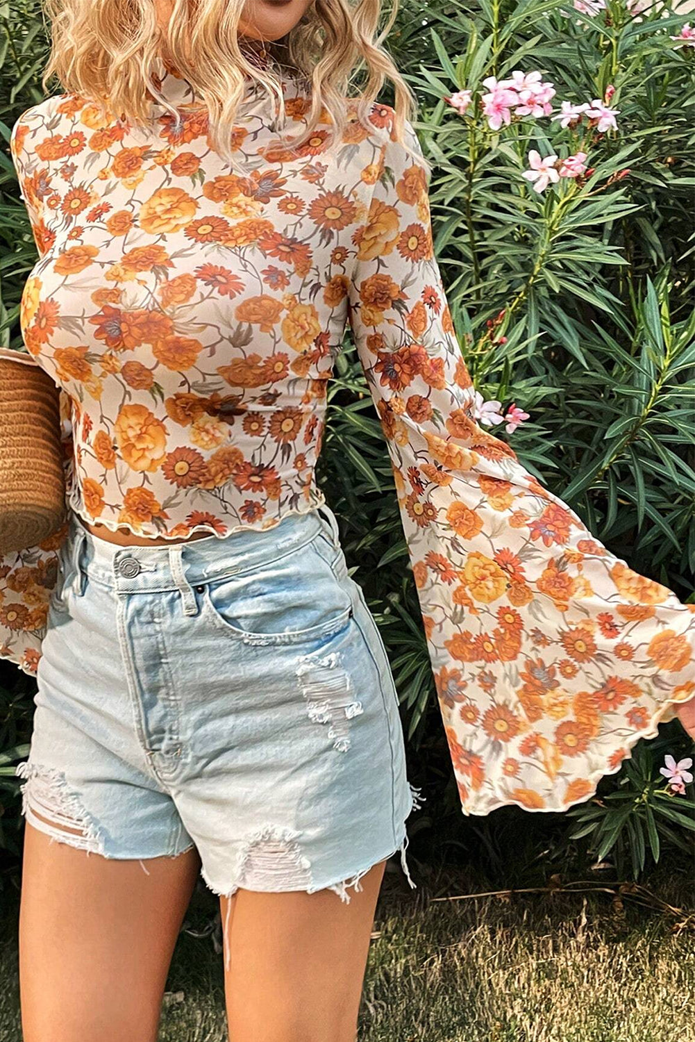 Orange Retro Floral Bell Sleeve Mock Neck Blouse