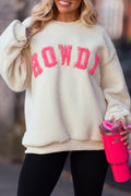 White Fleece with Pink Howdy Lettering Pullover Sweatshirt