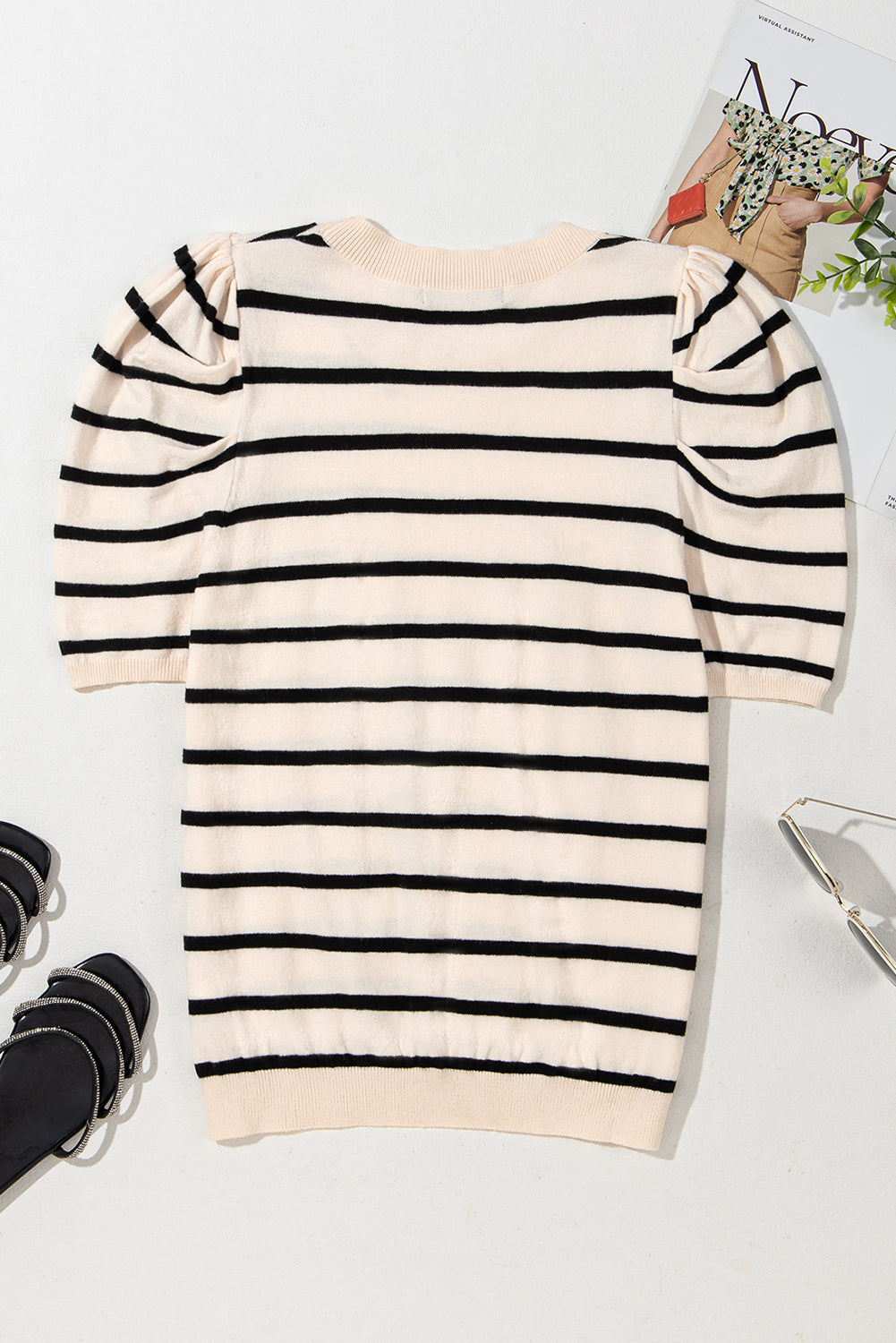Striped Crew Neck Bubble Short Sleeve Lightweight Sweater