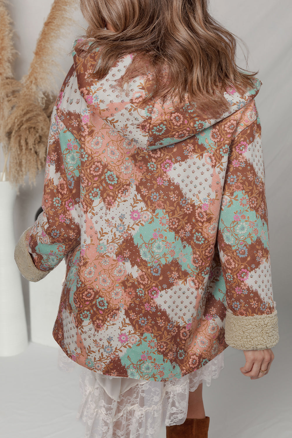 Vintage Floral Open Front Sherpa Lined Hooded Jacket