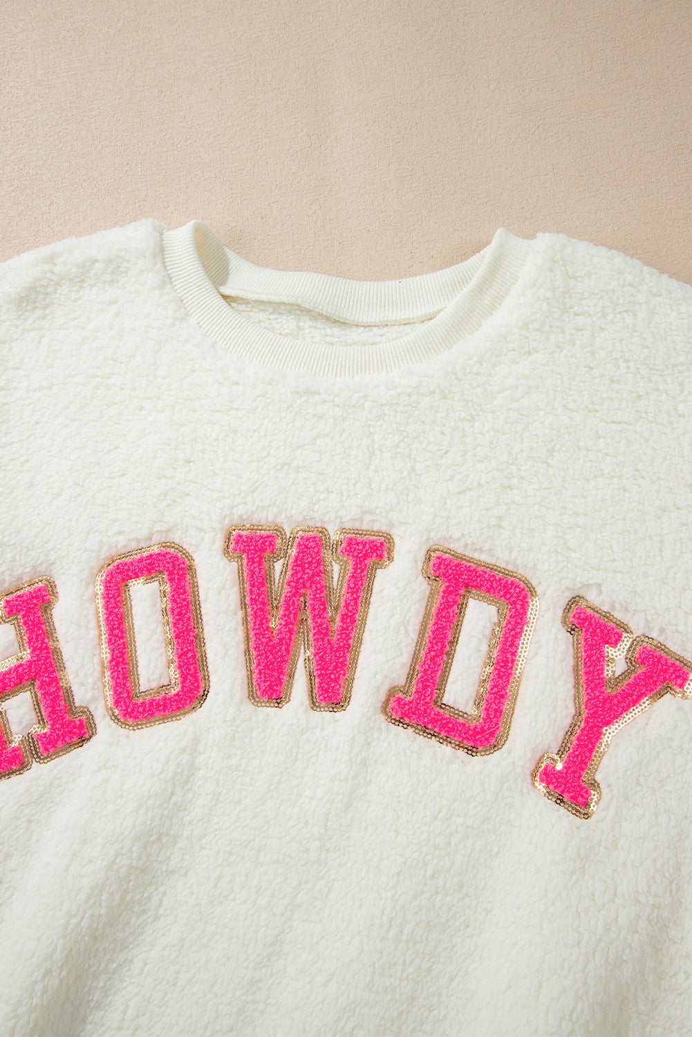 White Fleece with Pink Howdy Lettering Pullover Sweatshirt