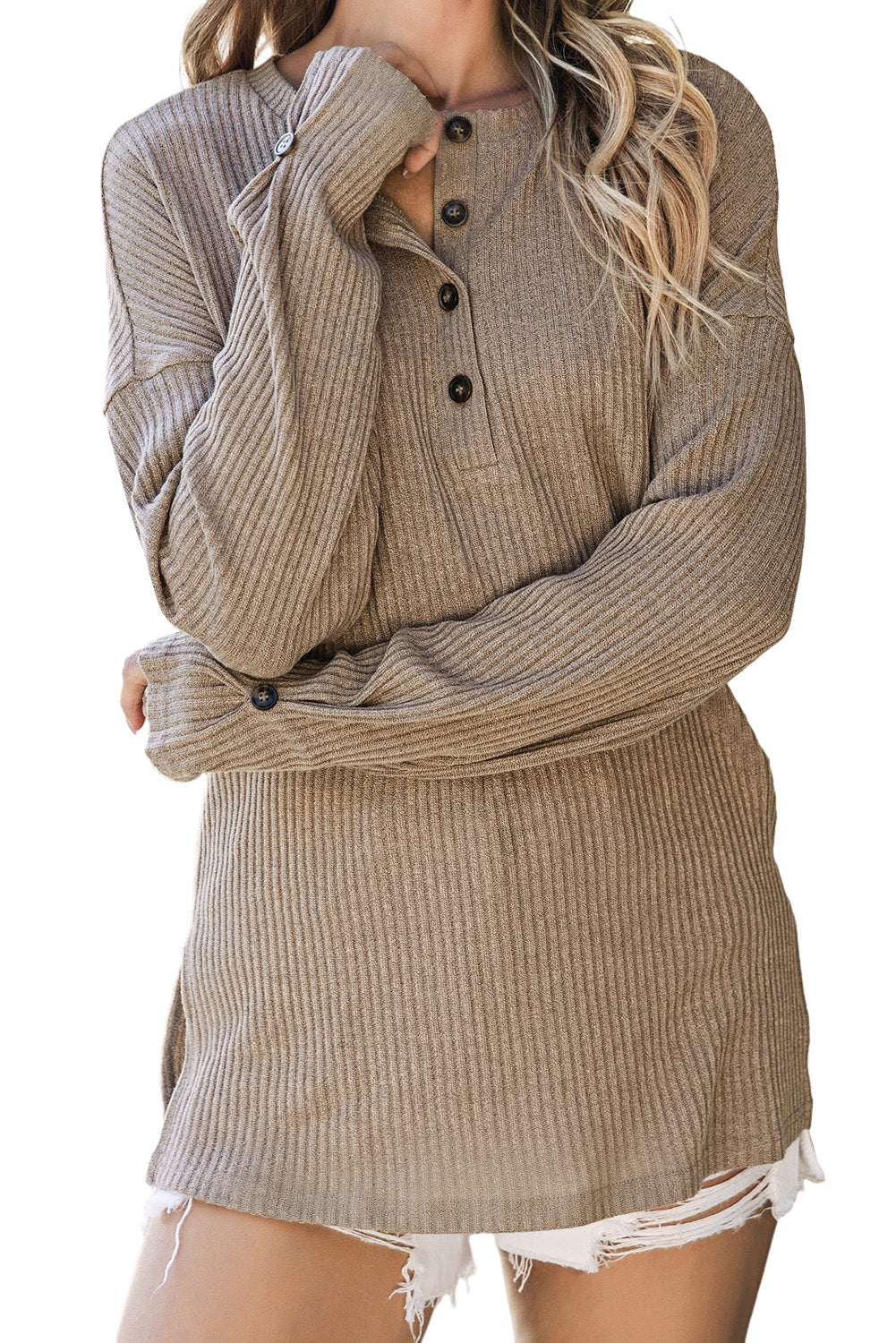 Beige Rib Textured Henley Knit Top