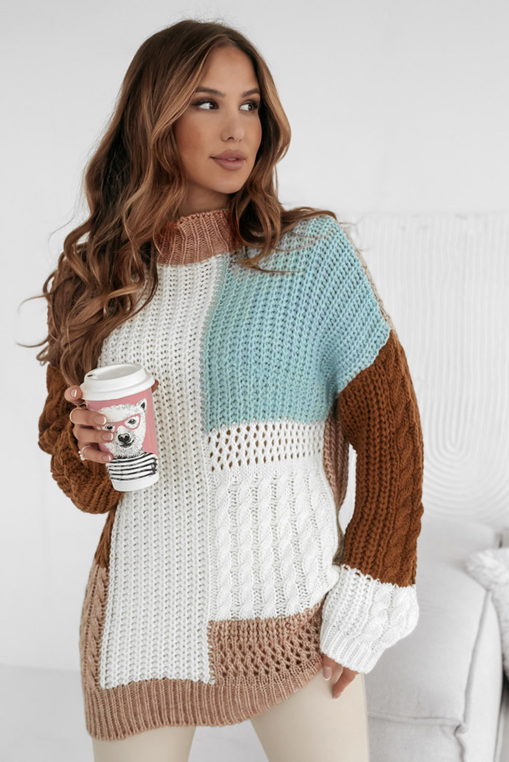Brown Khaki Light Blue Color-block Loose Cable Knit Sweater