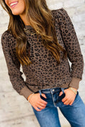 Brown Textured Leopard Print Puckered Shoulder Long Sleeve Top
