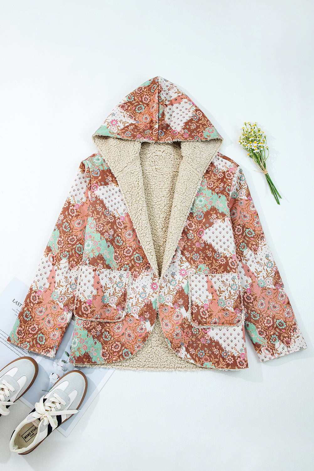 Vintage Floral Open Front Sherpa Lined Hooded Jacket