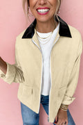 Light Beige Faux Black Leather Collar Zip Up Corduroy Jacket