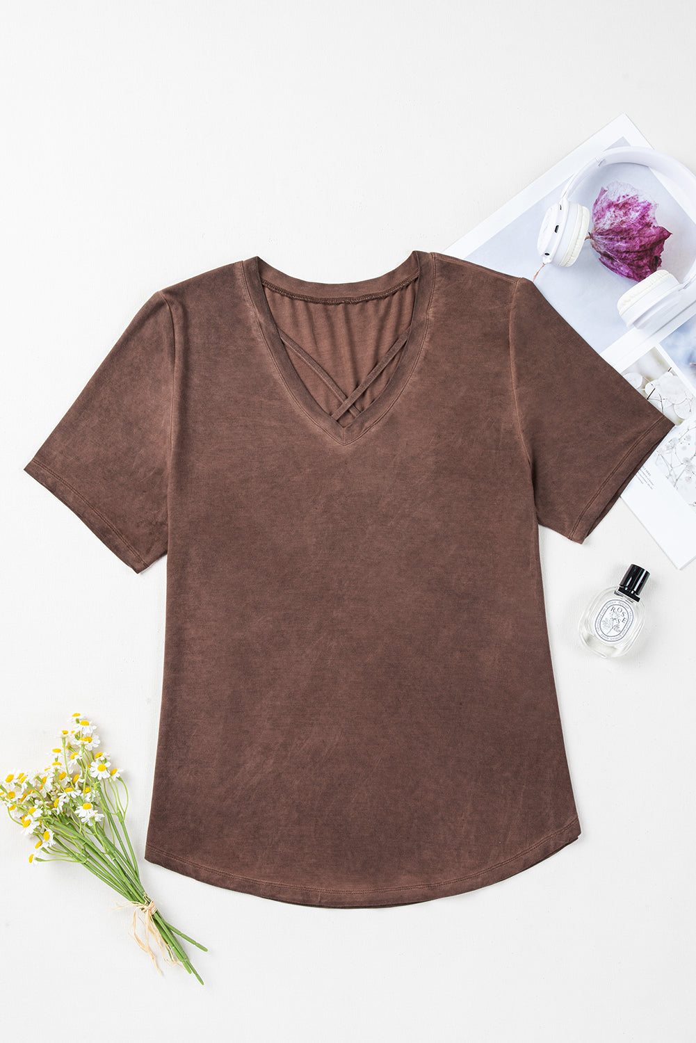 Chestnut Brown Mineral Wash Criss Cross V-Neck Casual Tee
