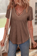 Chestnut Brown Mineral Wash Criss Cross V-Neck Casual Tee