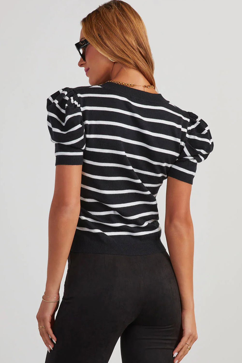 Striped Crew Neck Bubble Short Sleeve Lightweight Sweater