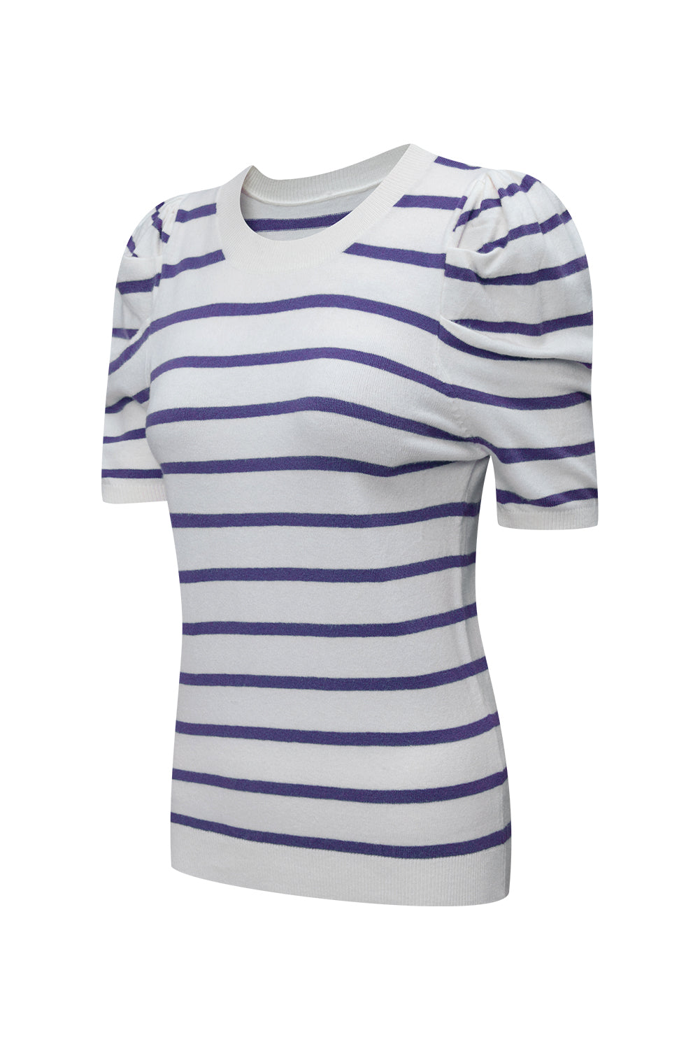 Striped Crew Neck Bubble Short Sleeve Lightweight Sweater
