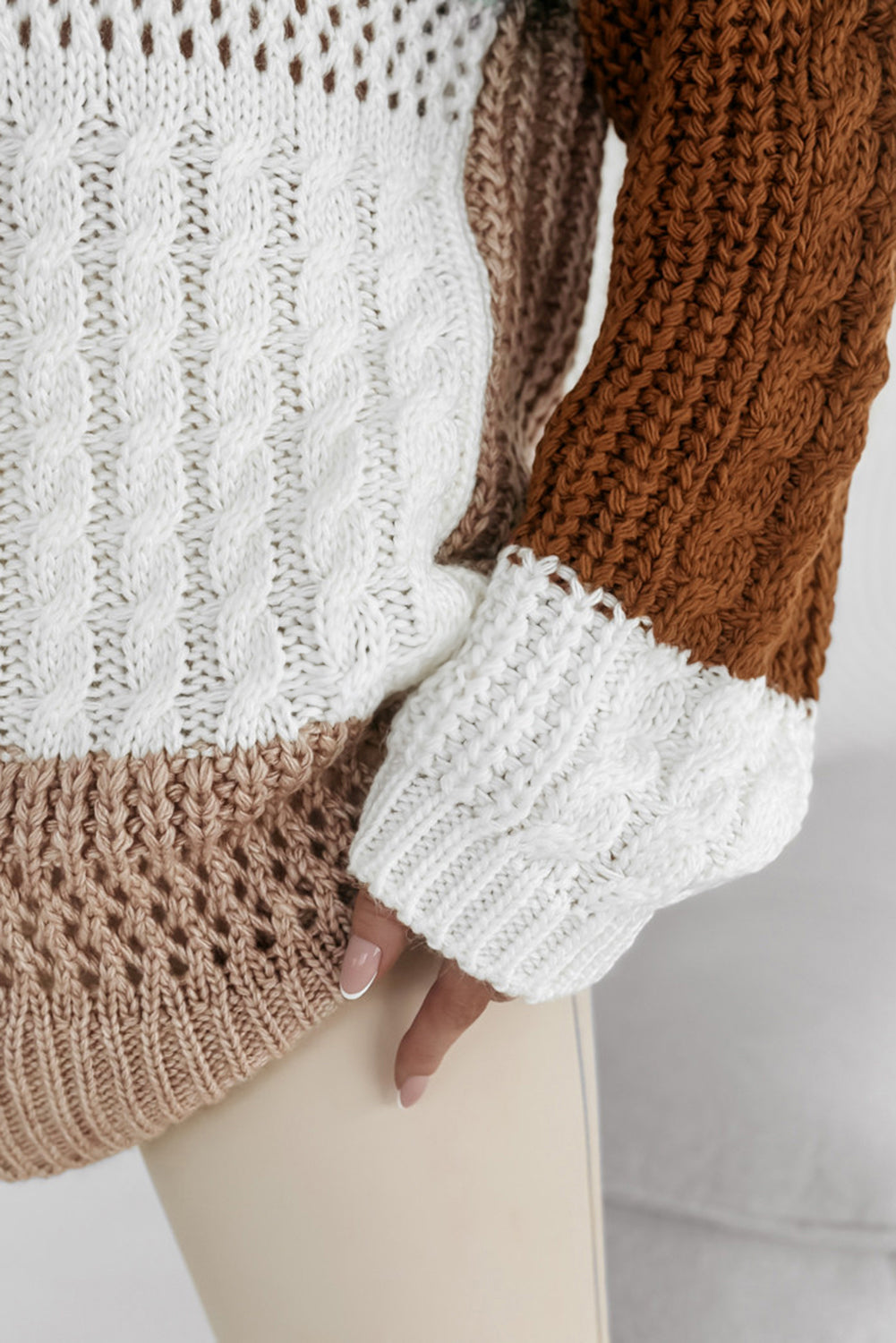 Brown Khaki Light Blue Color-block Loose Cable Knit Sweater
