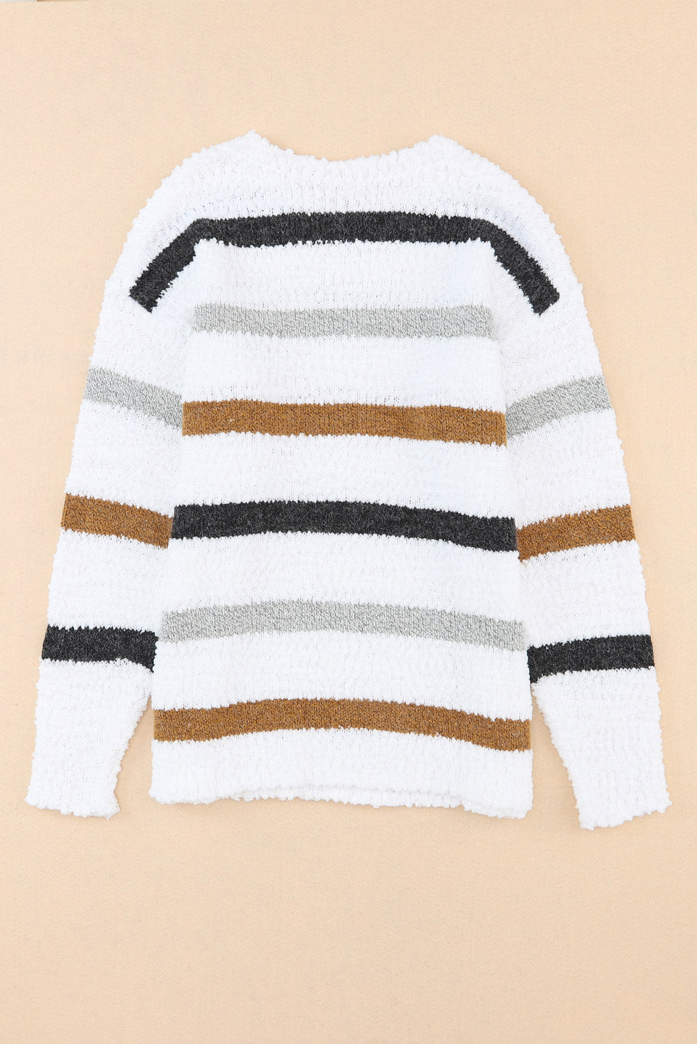 White with Blue & Tan Striped Popcorn Knit Sweater