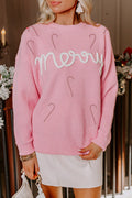 Pink Merry Candy Cane Crew Neck Knit Sweater