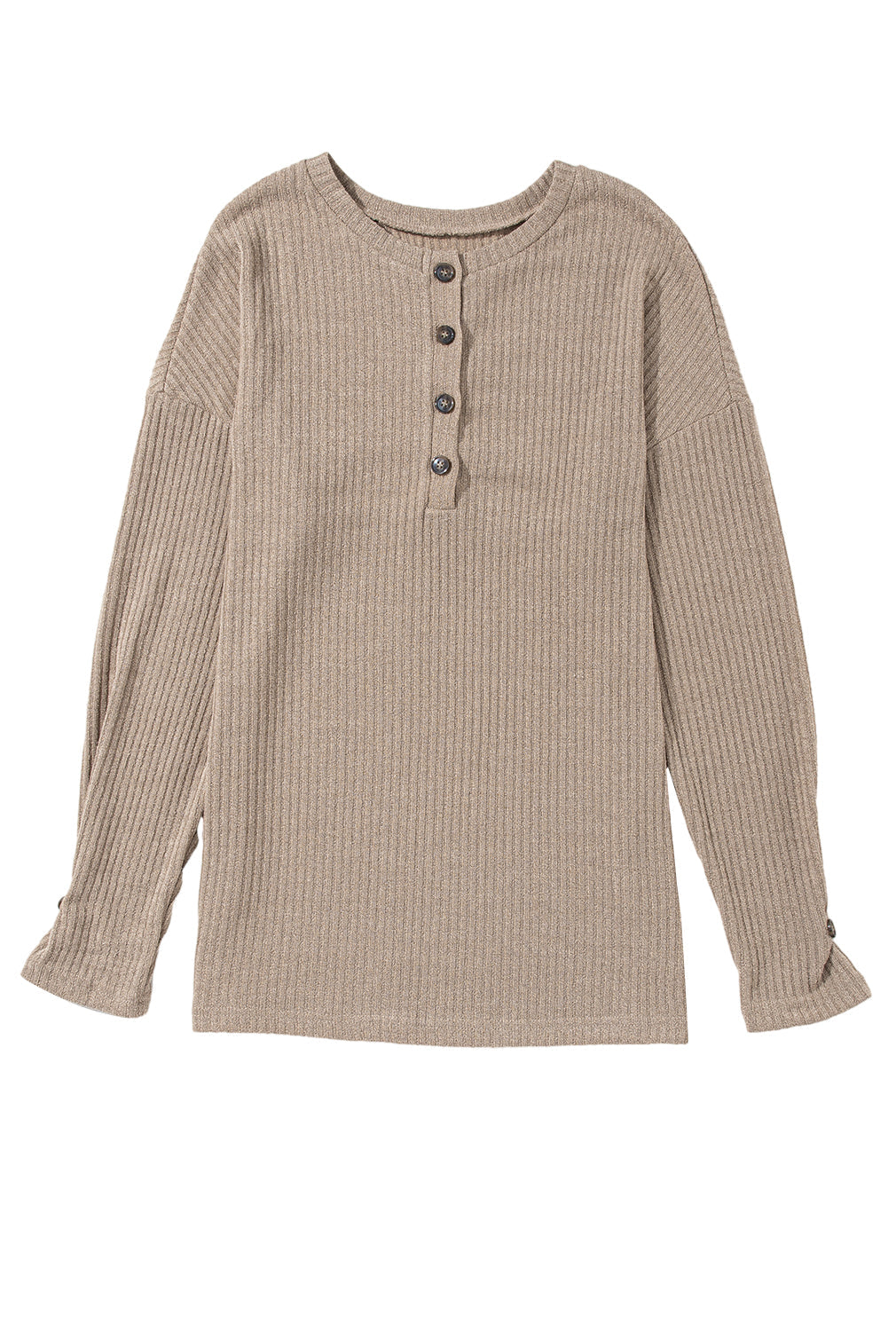 Beige Rib Textured Henley Knit Top