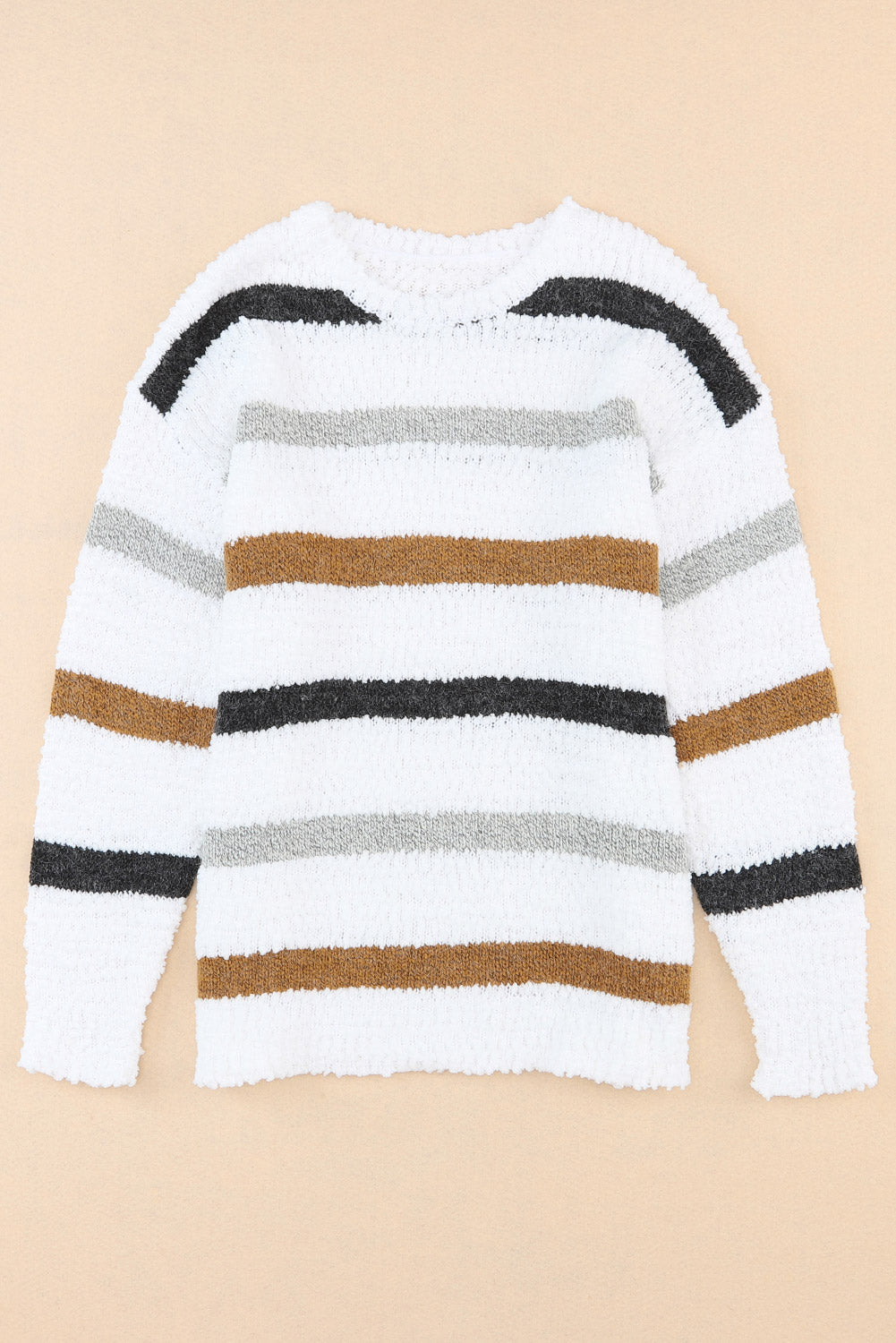 White with Blue & Tan Striped Popcorn Knit Sweater