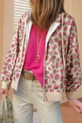 Fuchsia and Khaki Leopard Print Full Zip Front Pockets Hoodie