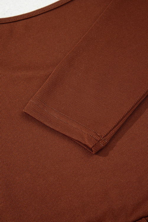 Brown Rust Ribbed Scoop Neck Empire Waist Long Sleeve Mini Dress