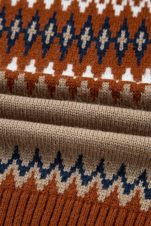 Rust and Tan Aztec Design Crew Neck Sweater