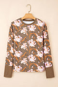 Brown Pink Floral Print Waffle Knit Long Sleeve Top