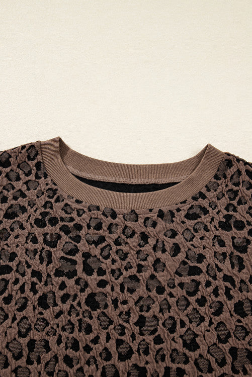 Brown Textured Leopard Print Puckered Shoulder Long Sleeve Top