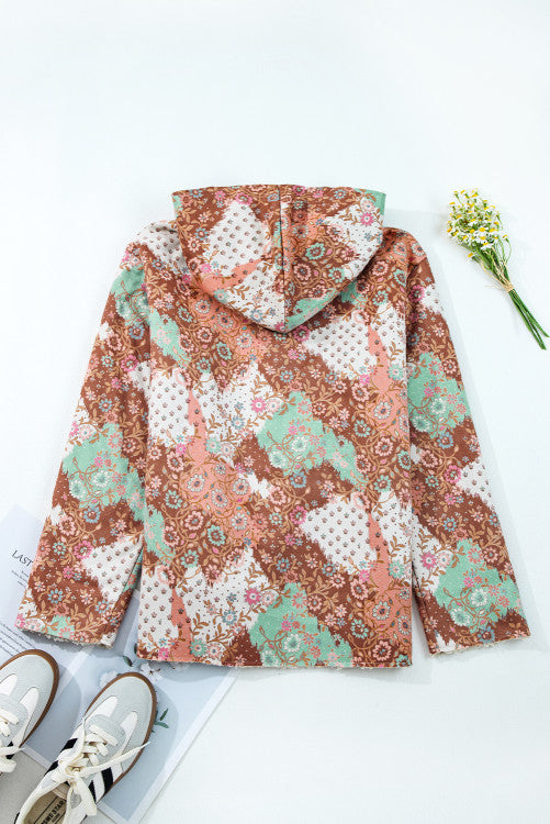 Vintage Floral Open Front Sherpa Lined Hooded Jacket