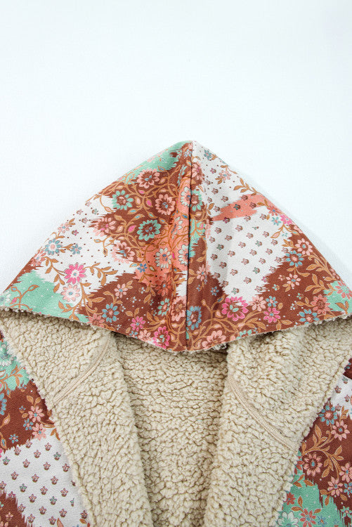 Vintage Floral Open Front Sherpa Lined Hooded Jacket