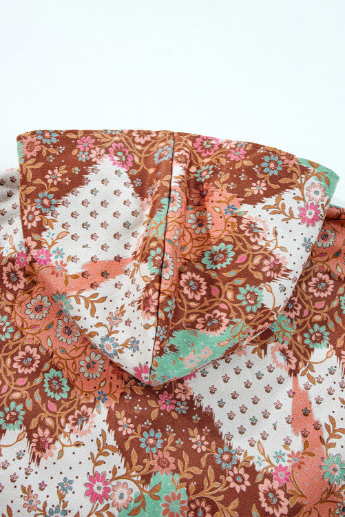 Vintage Floral Open Front Sherpa Lined Hooded Jacket