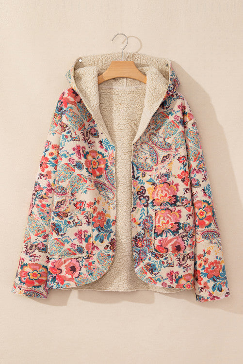 Vintage Floral Open Front Sherpa Lined Hooded Jacket