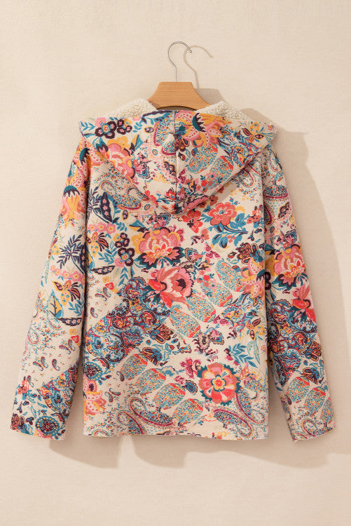 Vintage Floral Open Front Sherpa Lined Hooded Jacket