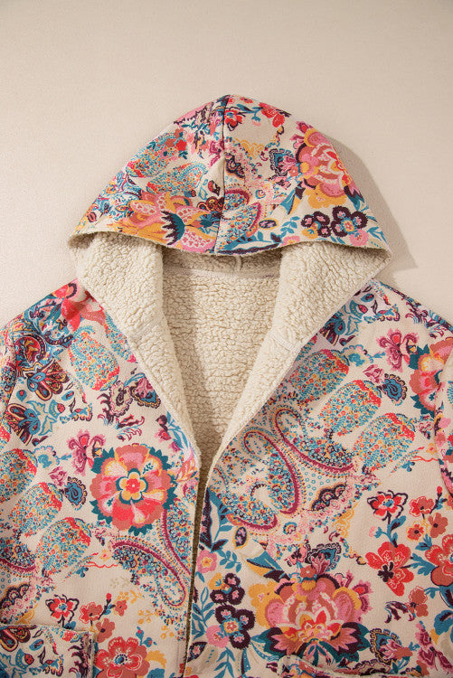 Vintage Floral Open Front Sherpa Lined Hooded Jacket