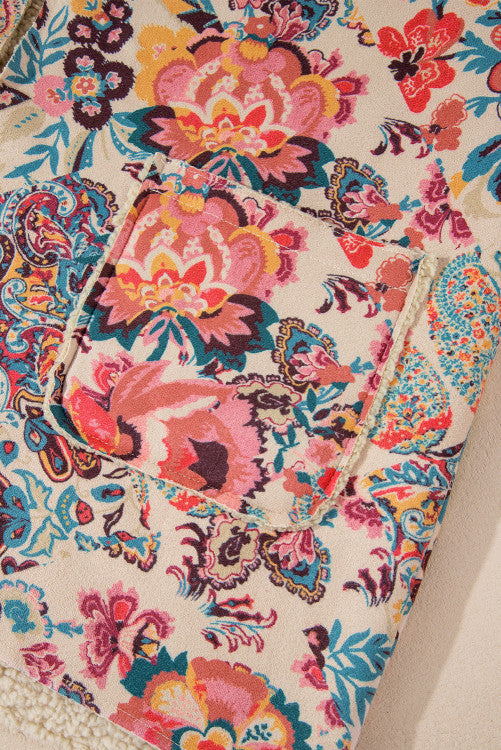 Vintage Floral Open Front Sherpa Lined Hooded Jacket