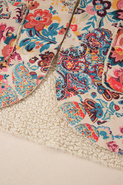 Vintage Floral Open Front Sherpa Lined Hooded Jacket