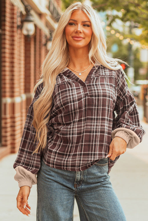 Brown Plaid Thermal Hood and Cuffs 1/4 Button Down Shirt