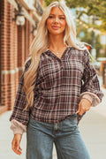 Brown Plaid Thermal Hood and Cuffs 1/4 Button Down Shirt