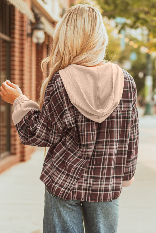 Brown Plaid Thermal Hood and Cuffs 1/4 Button Down Shirt