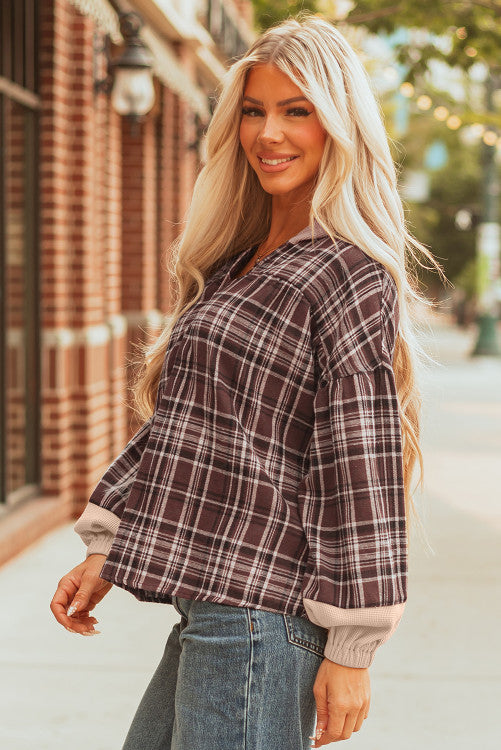 Brown Plaid Thermal Hood and Cuffs 1/4 Button Down Shirt